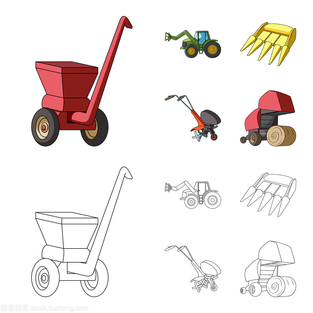 摩托塊拖車(chē)等農(nóng)業(yè)設(shè)備。農(nóng)業(yè)機(jī)械集合圖標(biāo)卡通, 輪廓風(fēng)格矢量符號(hào)股票插畫(huà)網(wǎng)站